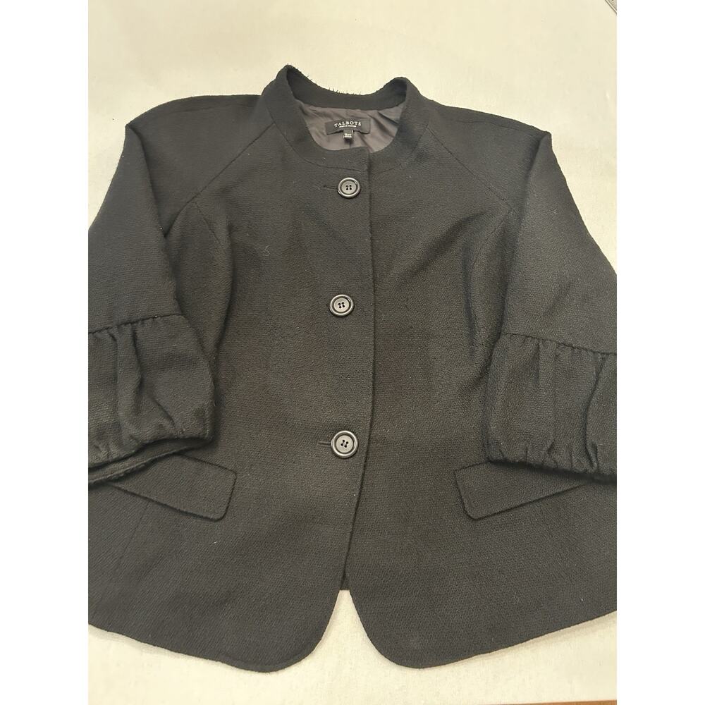 Talbots Blazer Womens 16WP Black Wool Blend‎ Jacket Balloon Sleeve Career Preppy